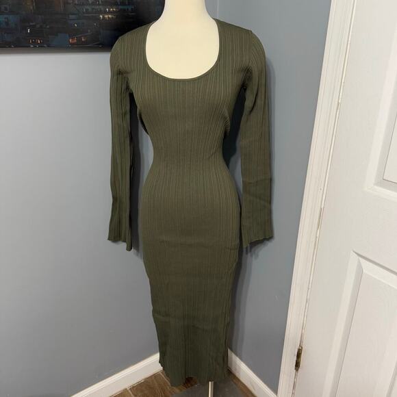 Wayf Alexi Long Sleeve Ribbed Midi Dress, Olive Green, XL - Picture 1 of 7